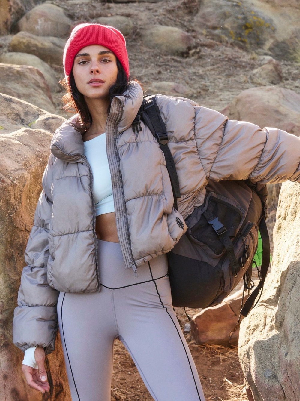 Small free people in a bubble puffer jacket Cropped Taupe gray Nordic trail